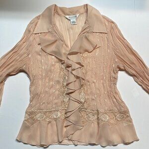 Allison Taylor woman’s lace semi sheer long sleeve peach color blouse Size L.